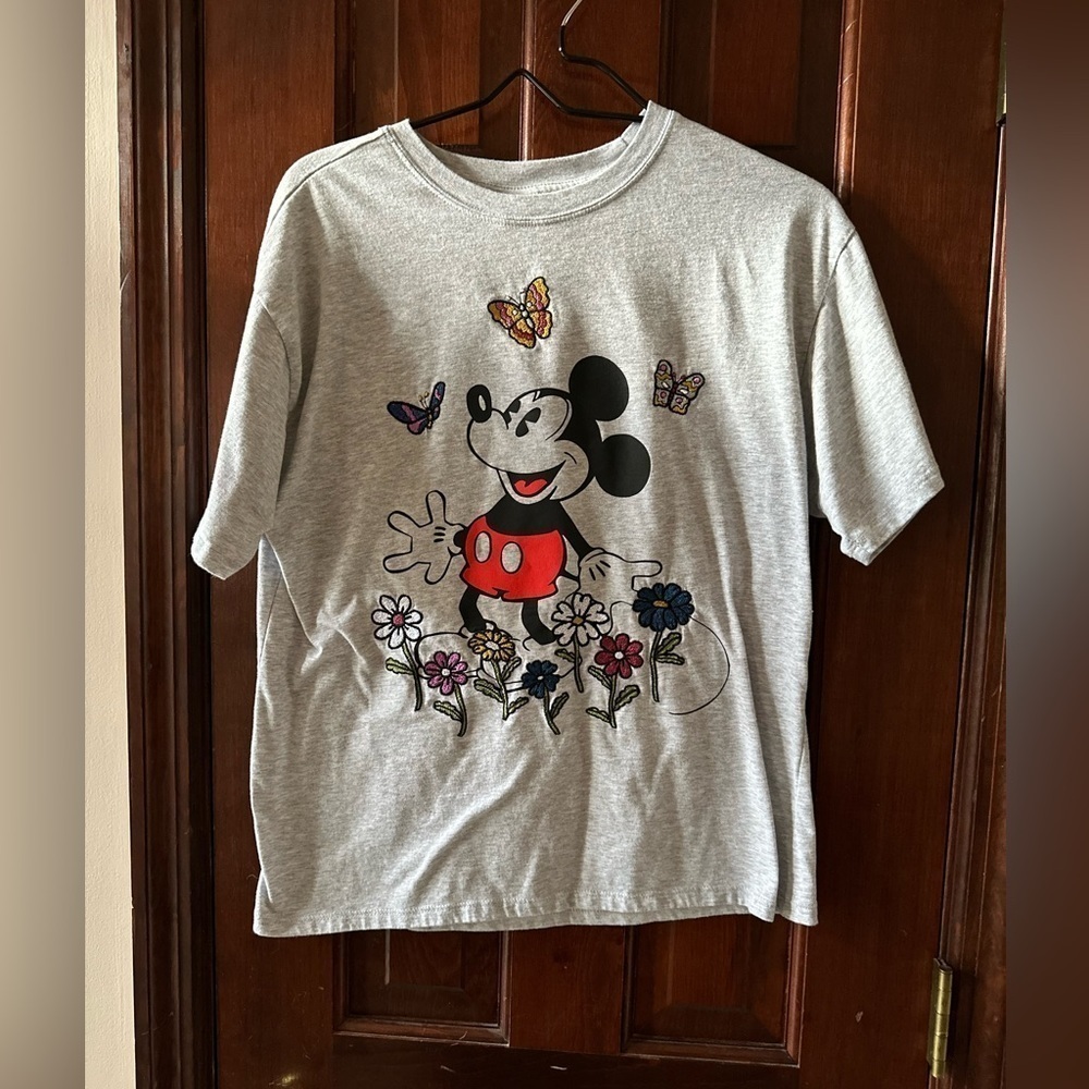 Disney Large Gray Mickey Mouse Embroidered Flowers and Butterflies T-Shirt